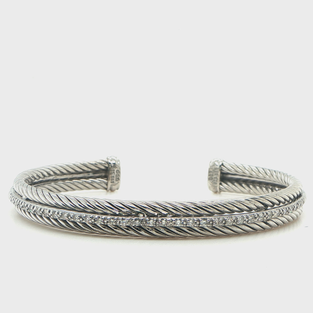 David Yurman Diamond Cable Cuff Bracelet Sterling Silver