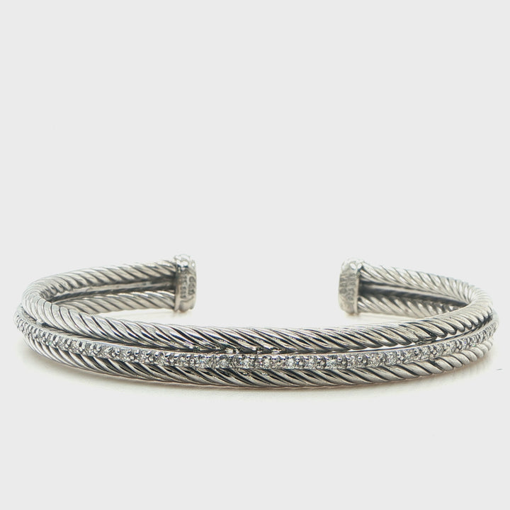 David Yurman Diamond Cable Cuff Bracelet Sterling Silver