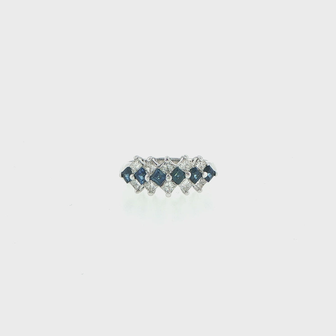 14K White Gold Three-Row Princess Cut Diamond & Sapphire Ring