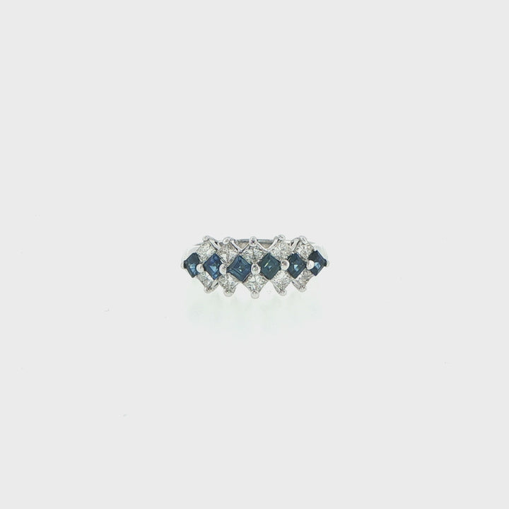 14K White Gold Three-Row Princess Cut Diamond & Sapphire Ring