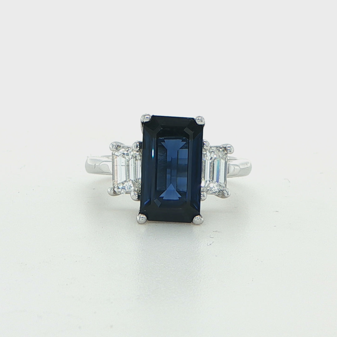 18K White Gold Blue Sapphire Diamond Three Stone Engagement Ring