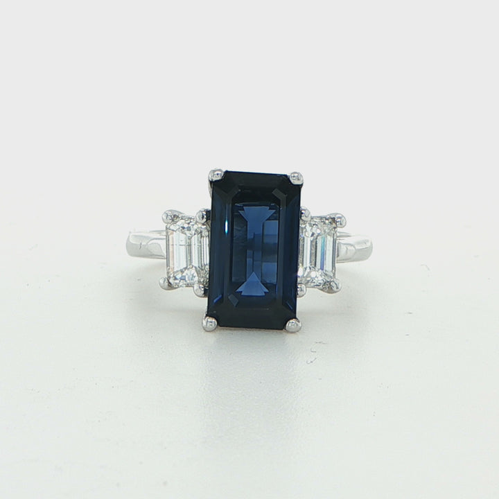 18K White Gold Blue Sapphire Diamond Three Stone Engagement Ring
