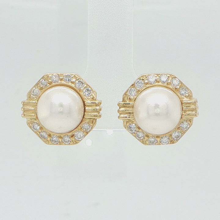 18K Yellow Gold Pearl & Diamond Stud Earrings