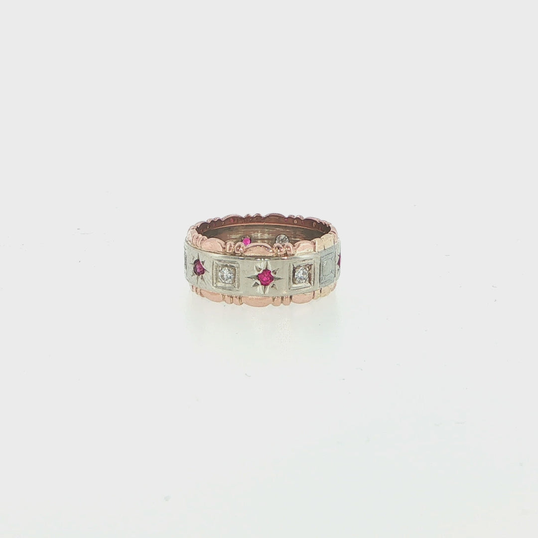 14K Rose & White Gold Vintage Ruby and Diamond Band Ring
