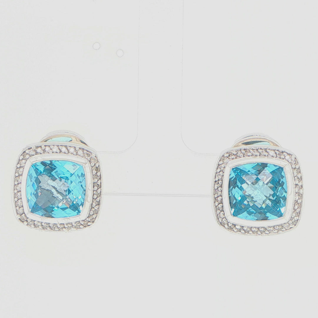 David Yurman Albion Blue Topaz & Diamond Earrings Silver 18K White Gold