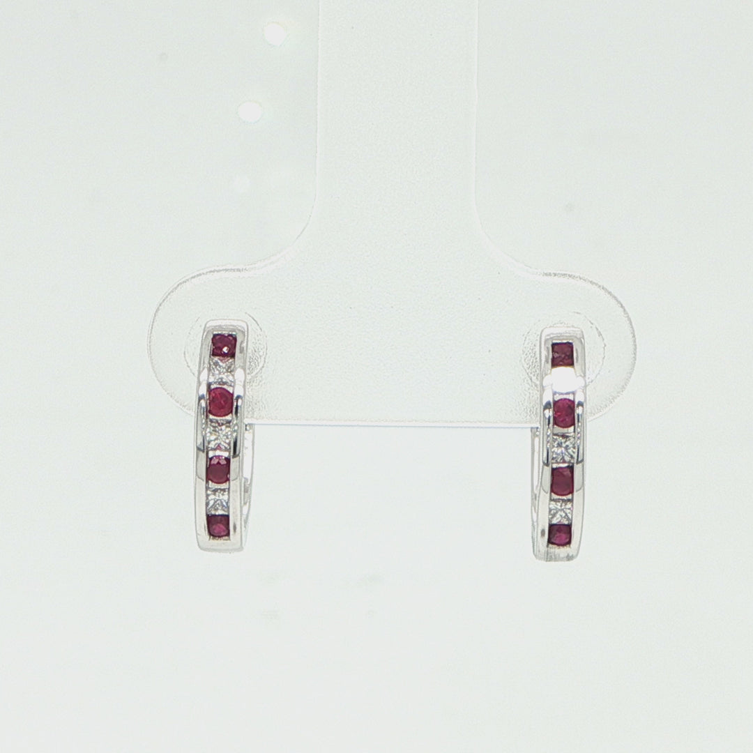 14K White Gold Ruby & Diamond Huggie Earrings
