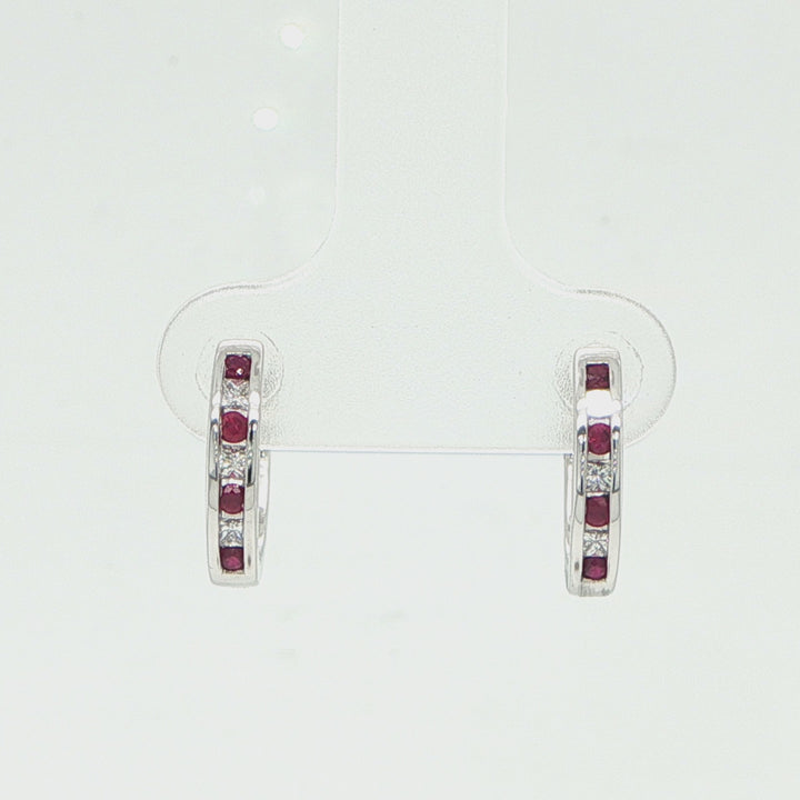 14K White Gold Ruby & Diamond Huggie Earrings