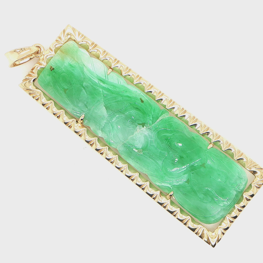 14K Yellow Gold Tapered Bar Pendant with Carved Jade