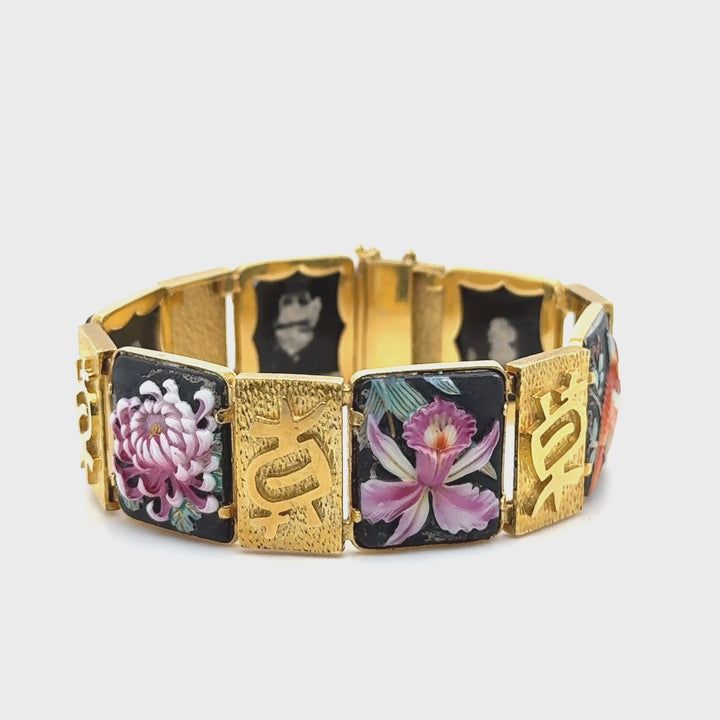 18K Yellow Gold Japanese Kanji Enamel Bracelet