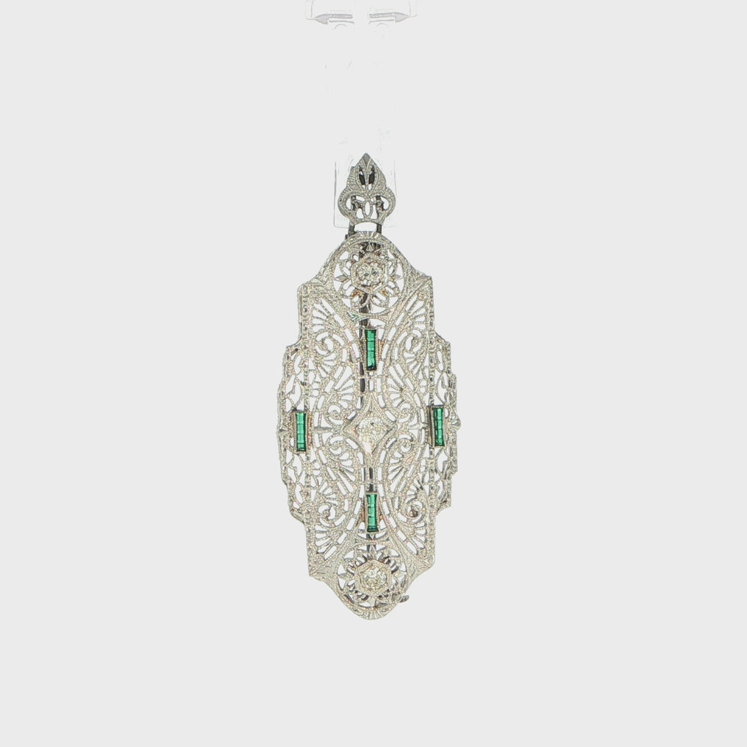 14K White Gold Art Deco Diamond & Emerald Pin