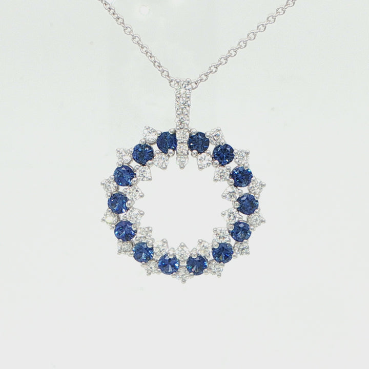 14K White Gold Sapphire & Diamond Double Circle Necklace