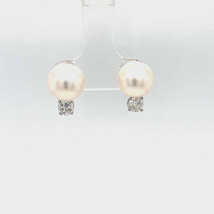 14K White Gold 9mm Pearl Diamond Stud Earrings