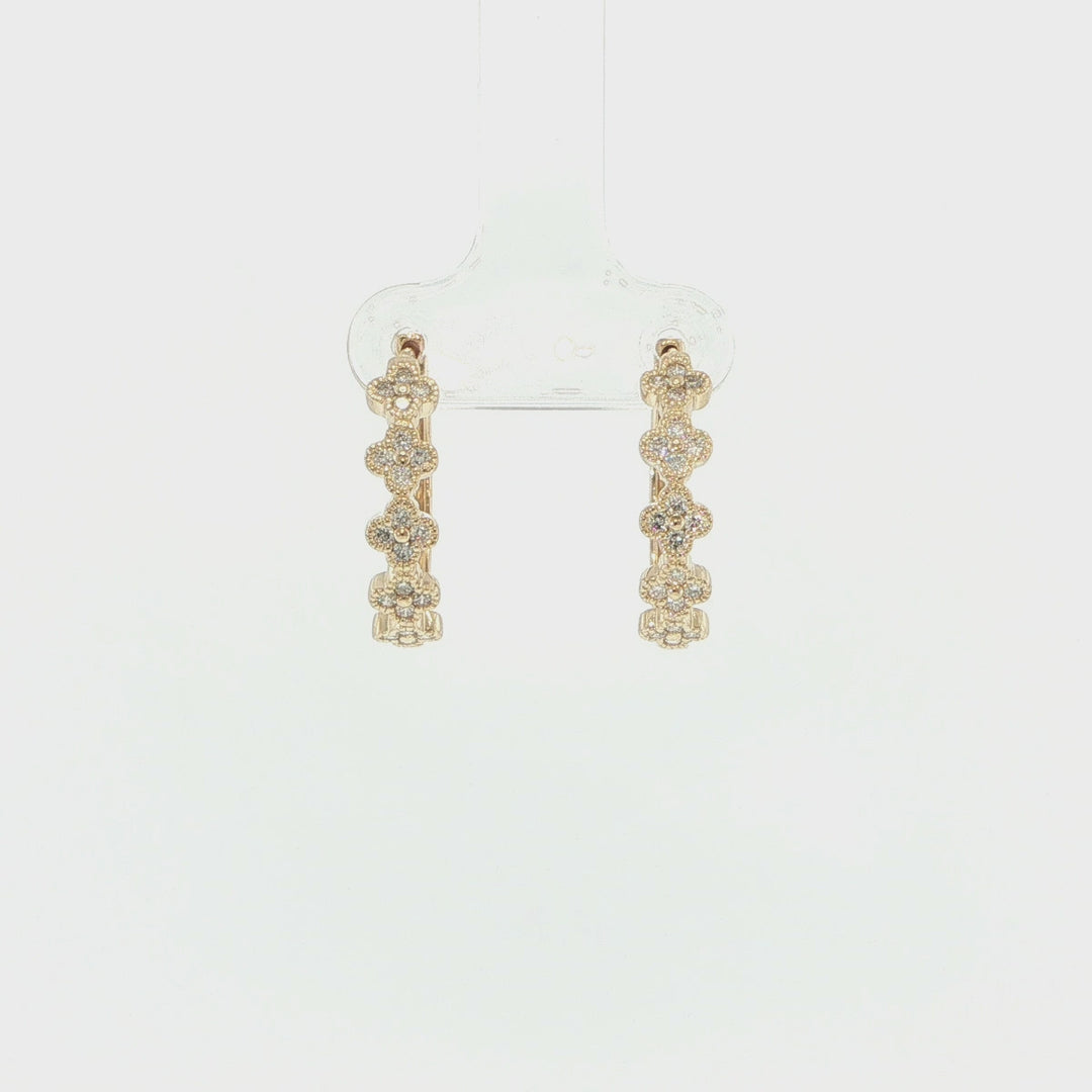 14K Yellow Gold Floral Diamond Hoop Earrings