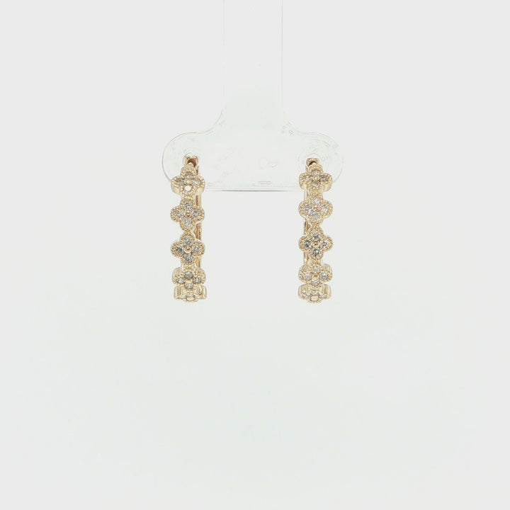 14K Yellow Gold Floral Diamond Hoop Earrings
