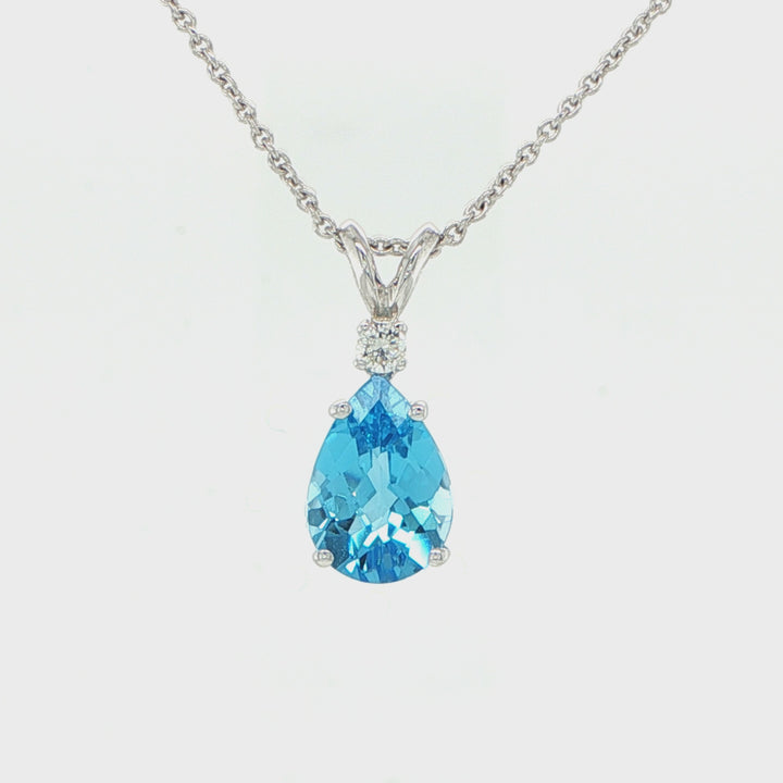 14K White Gold Pear Blue Topaz & Diamond Pendant