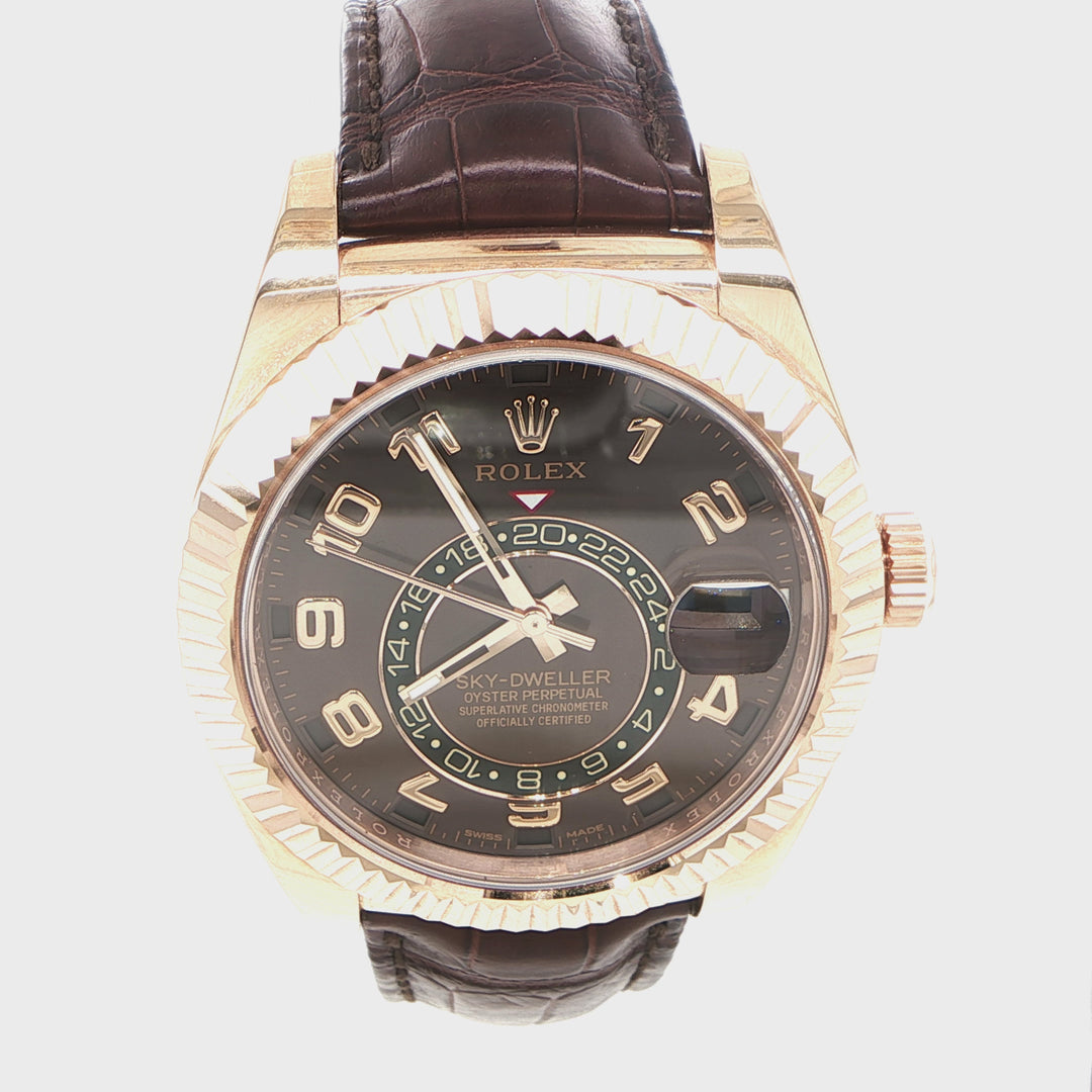 42mm Rolex Sky-Dweller 18K Rose Gold Fluted Bezel Chocolate Arabic Dial Brown Alligator