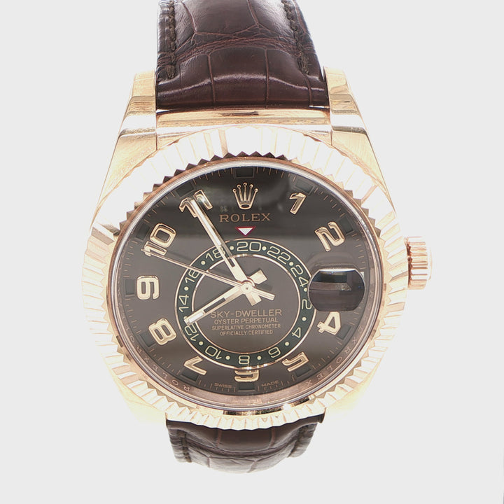 42mm Rolex Sky-Dweller 18K Rose Gold Fluted Bezel Chocolate Arabic Dial Brown Alligator