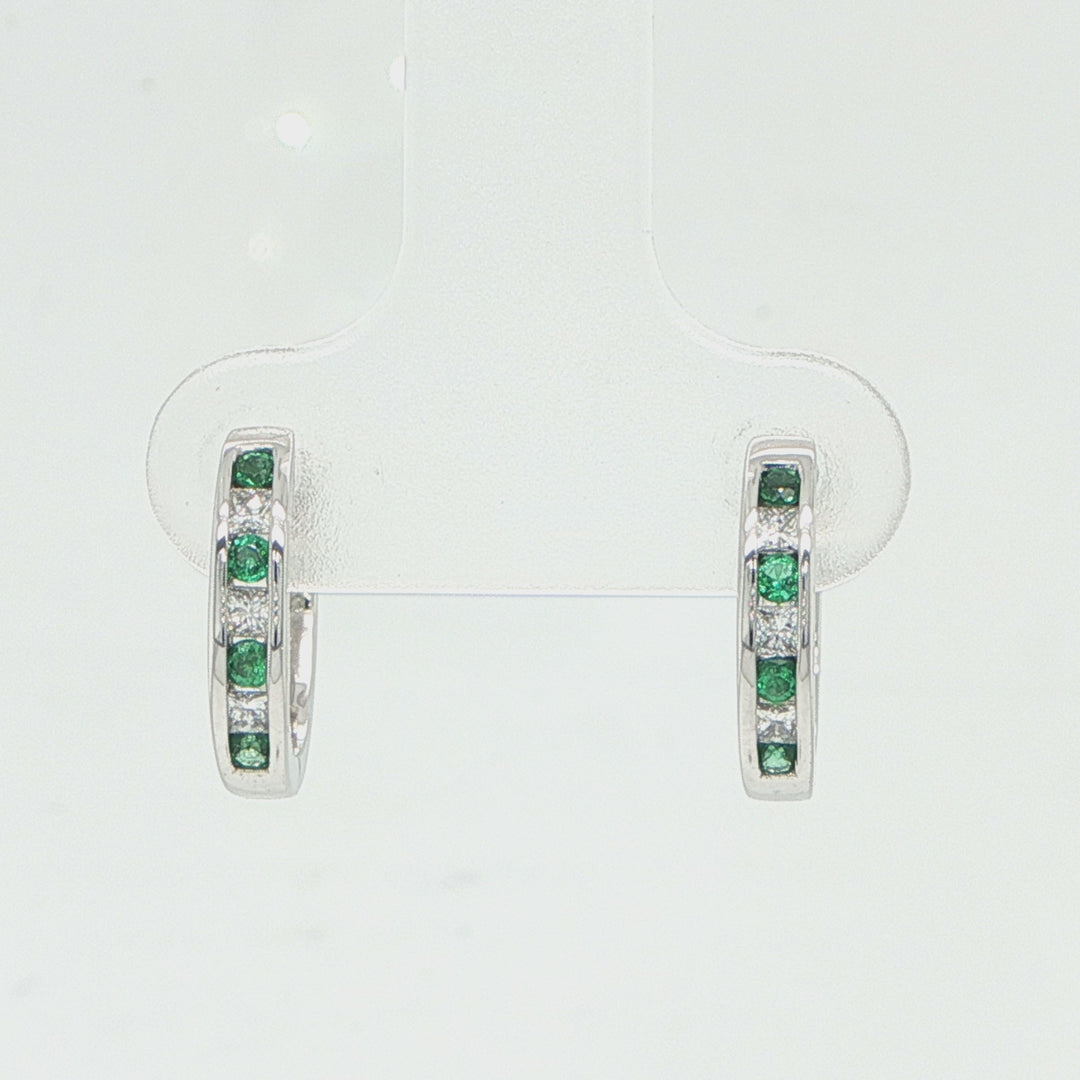 14K White Gold Emerald & Diamond Huggie Earrings