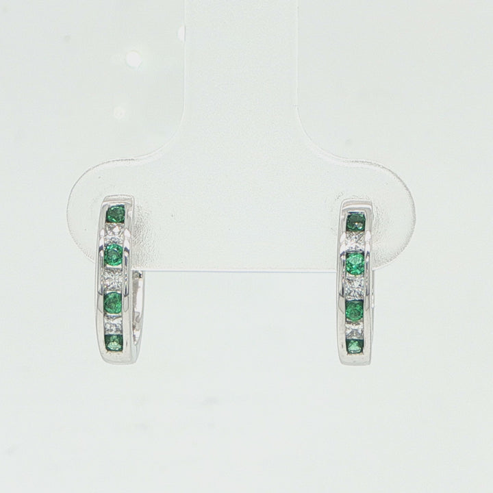 14K White Gold Emerald & Diamond Huggie Earrings