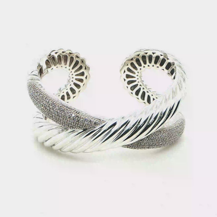 David Yurman X Diamond Hinged Cuff Bracelet Sterling Silver