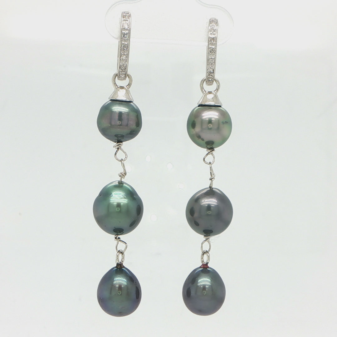 14K White Gold Tahitian Pearl & Diamond Drop Huggie Earrings