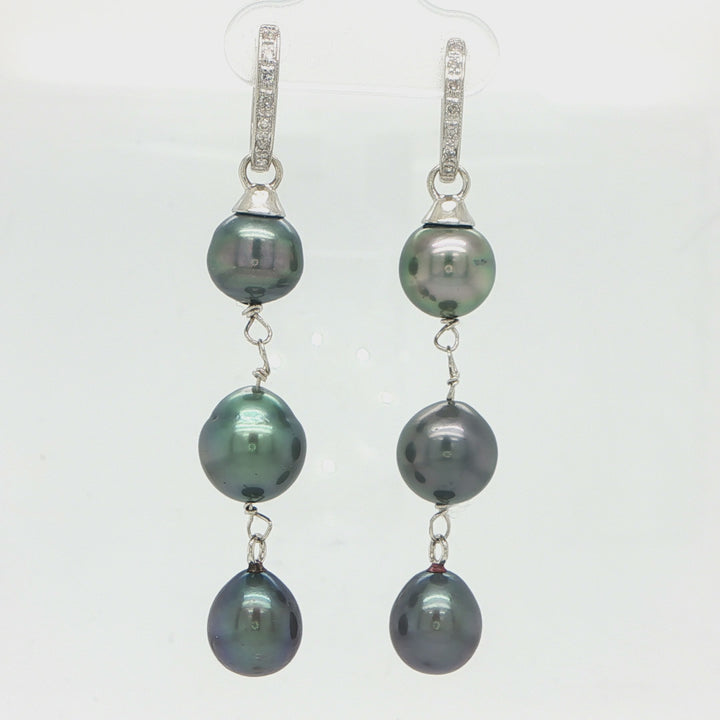 14K White Gold Tahitian Pearl & Diamond Drop Huggie Earrings