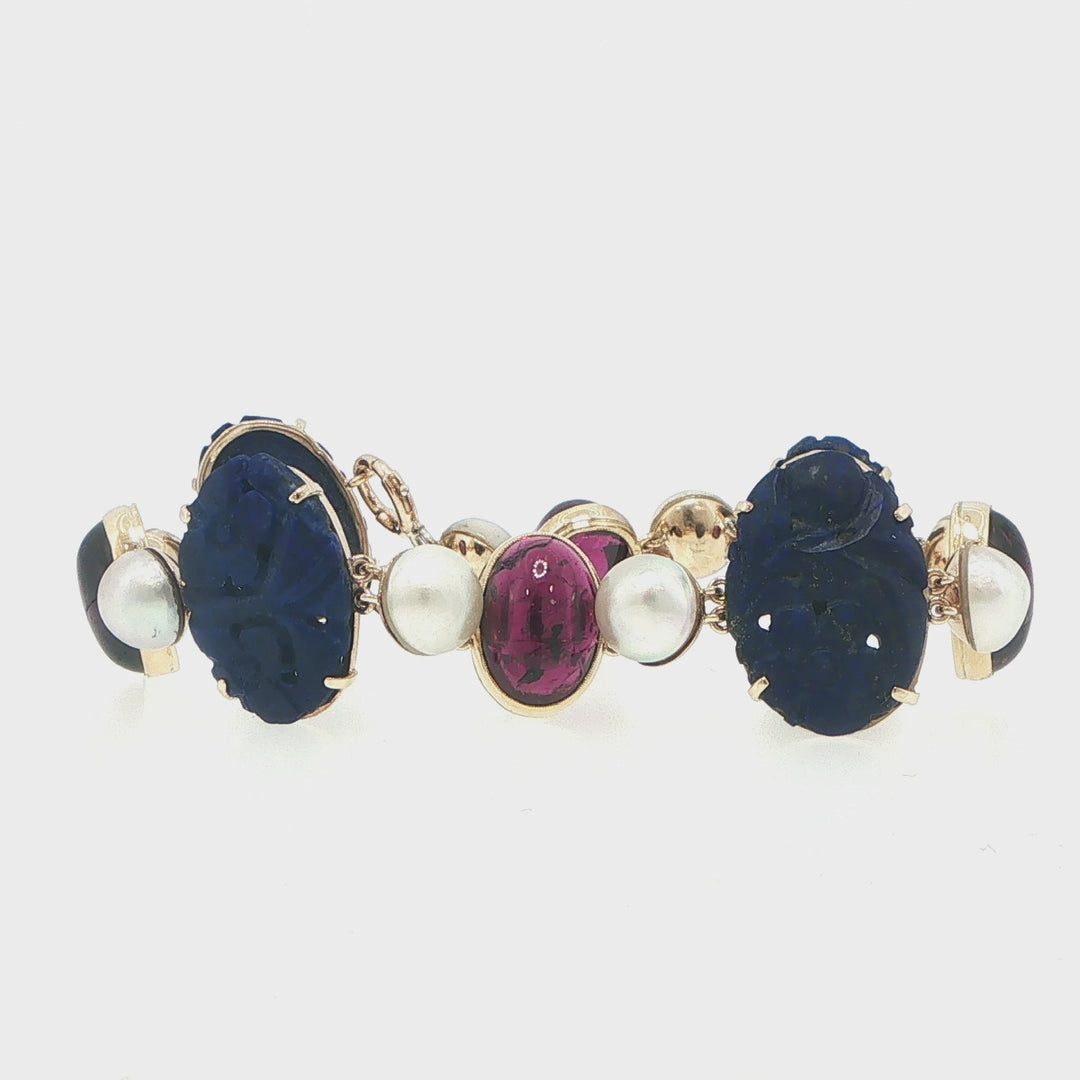 Antique 14K Yellow Gold Carved Lapis, Cultured Pearl & Pink Tourmaline Bracelet