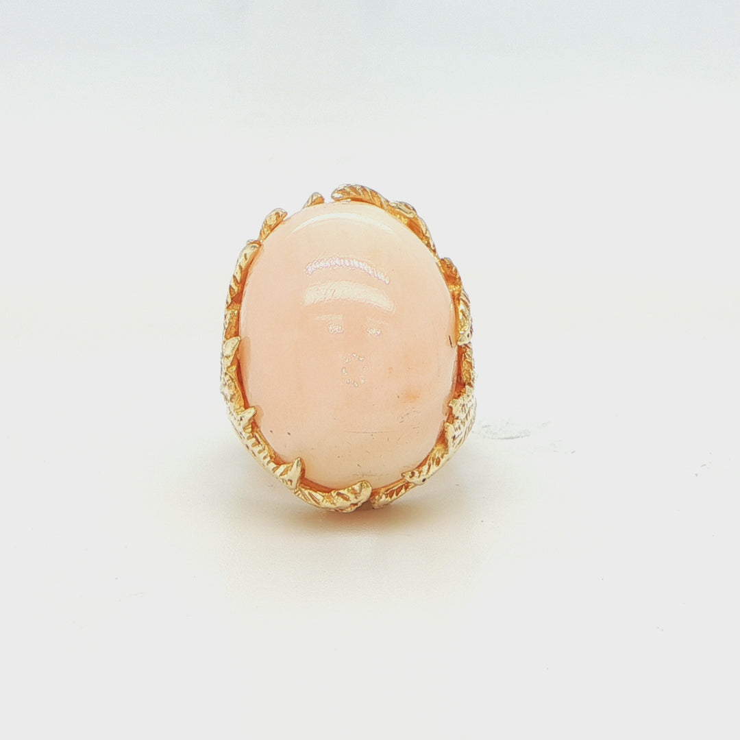 14K Yellow Gold Angel Skin Coral Cabochon Ring