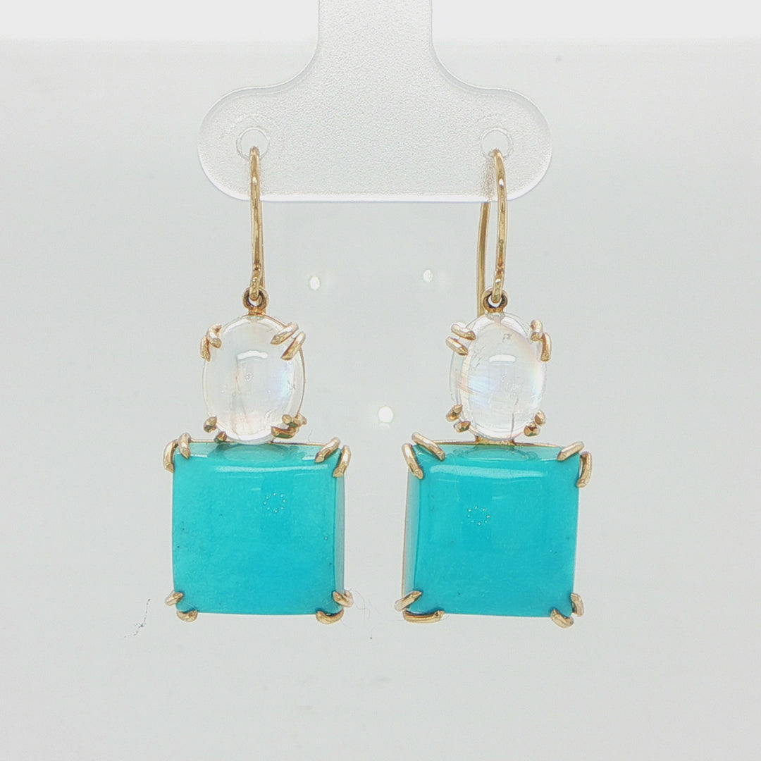 14K Yellow Gold Turquoise & Moonstone Drop Earrings