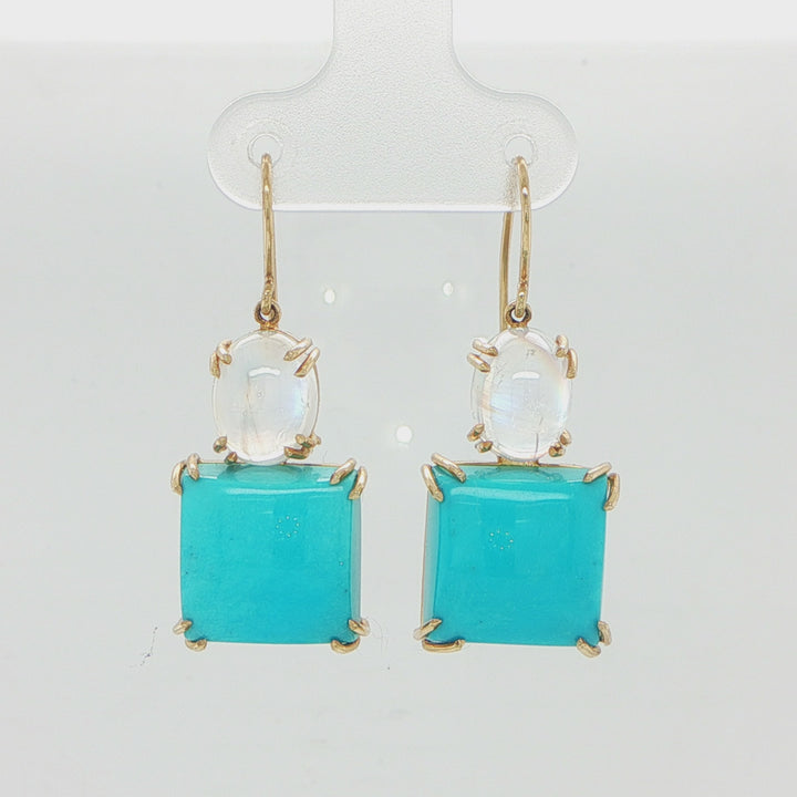 14K Yellow Gold Turquoise & Moonstone Drop Earrings