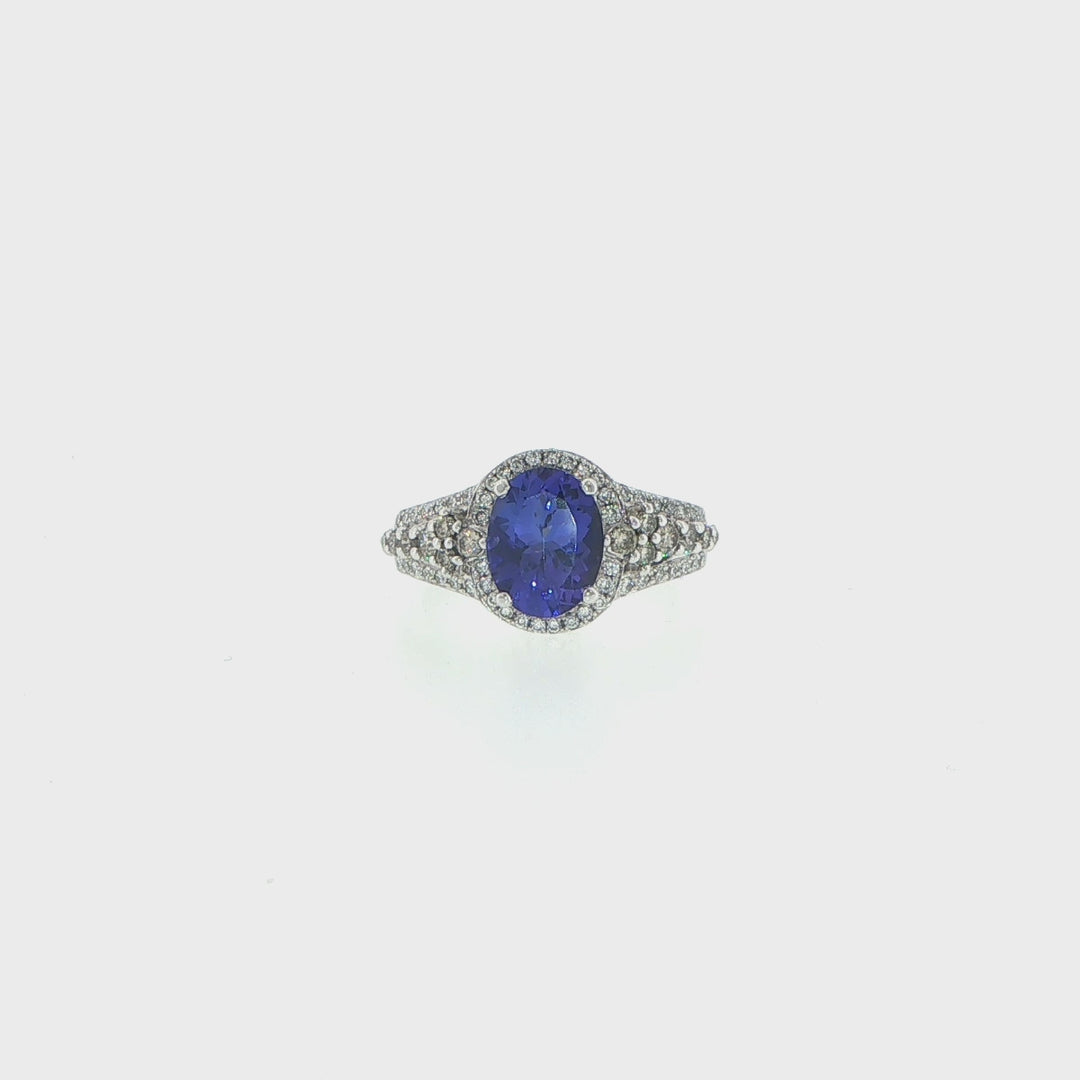 14K White Gold Oval Tanzanite & Diamond Halo Ring