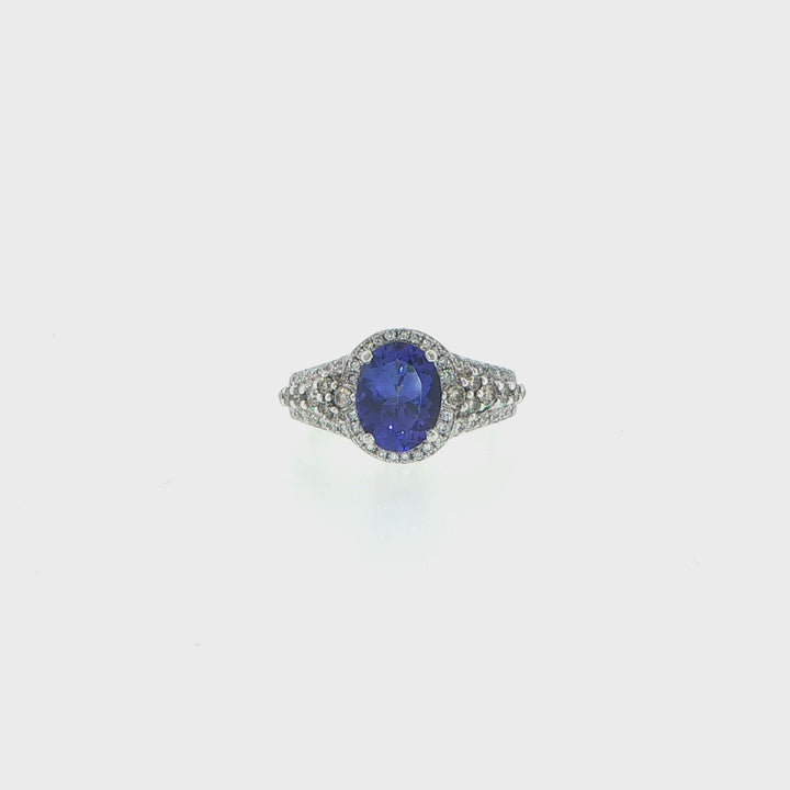 14K White Gold Oval Tanzanite & Diamond Halo Ring