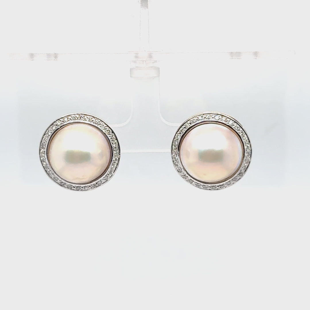 14K Two Tone Gold Mabe Pearl Diamond Stud Earrings