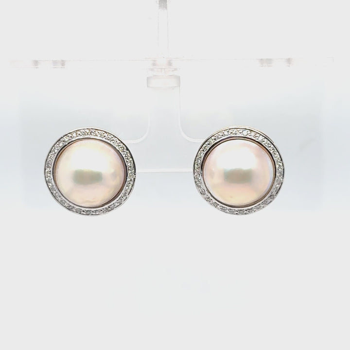 14K Two Tone Gold Mabe Pearl Diamond Stud Earrings