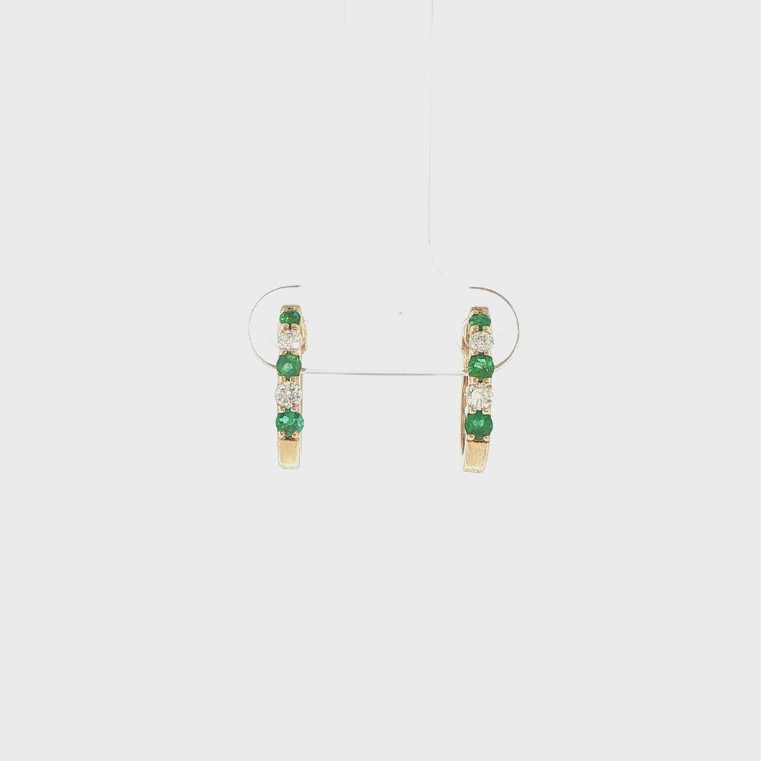 14K Yellow Gold Emerald & Diamond Huggie Earrings
