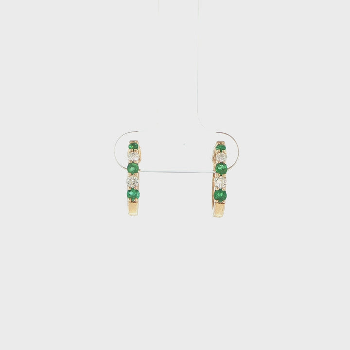 14K Yellow Gold Emerald & Diamond Huggie Earrings