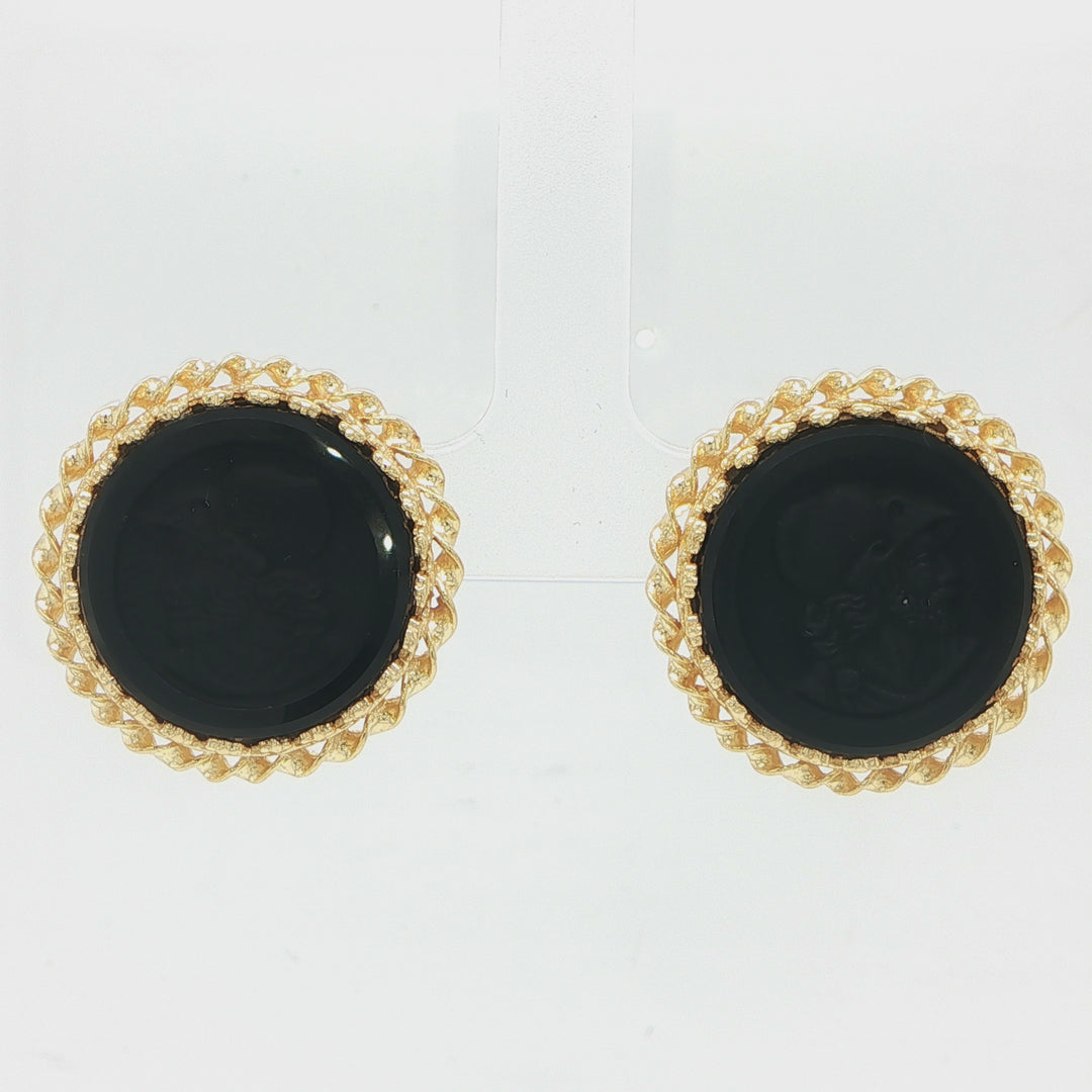 14K Yellow Gold Carved Black Onyx Earrings