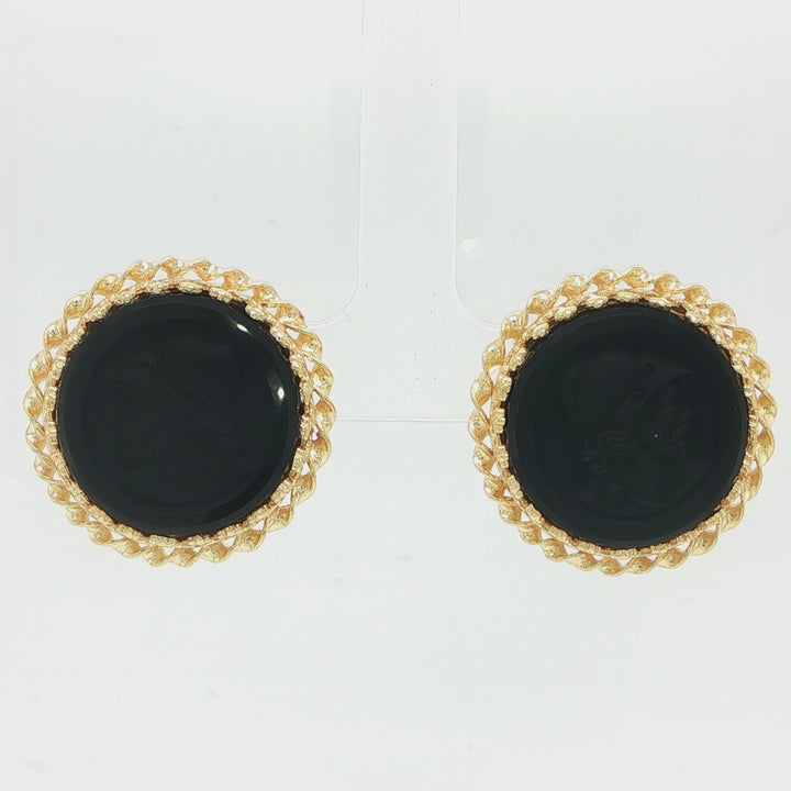14K Yellow Gold Carved Black Onyx Earrings
