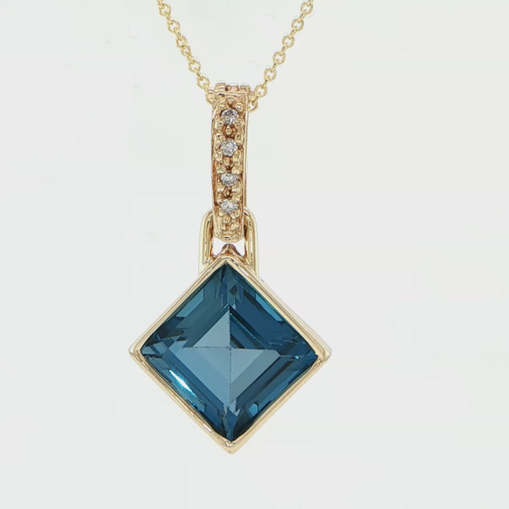 14K Yellow Gold Square Blue Topaz & Diamond Pendant