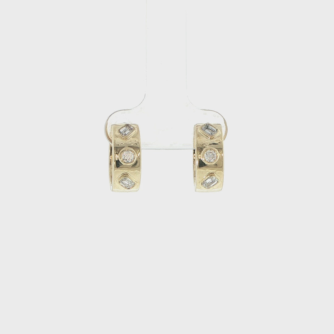 14K Yellow Gold Bezel Set Emerald & Round Diamond Hoop Earrings