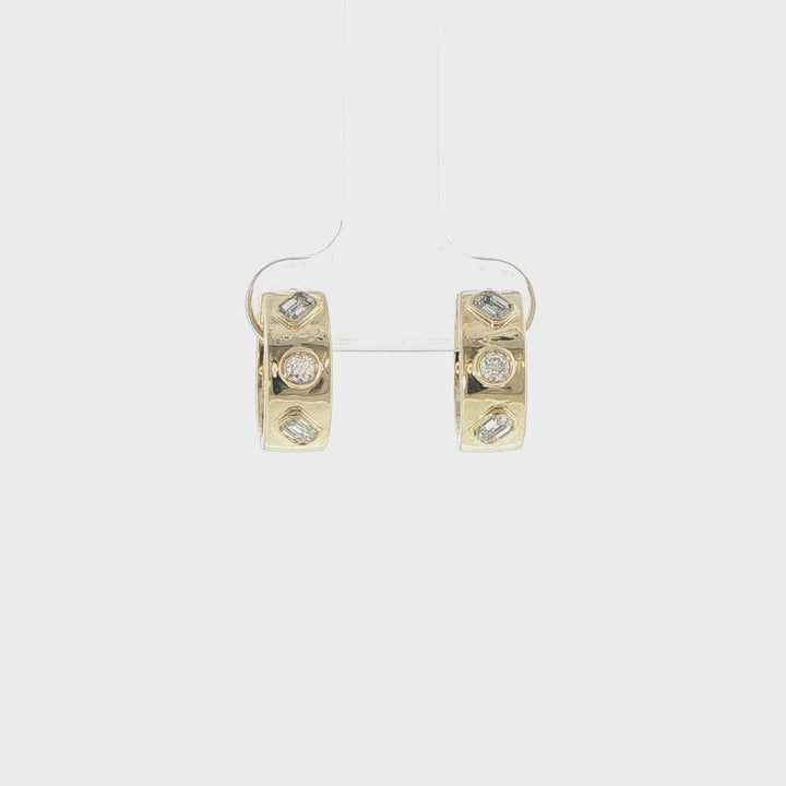 14K Yellow Gold Bezel Set Emerald & Round Diamond Hoop Earrings