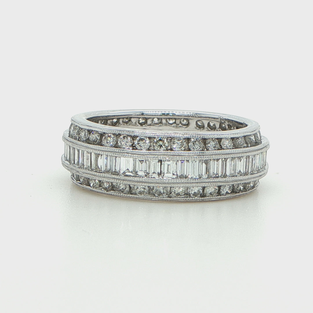 18K White Gold Baguette & Round Diamond Band Ring