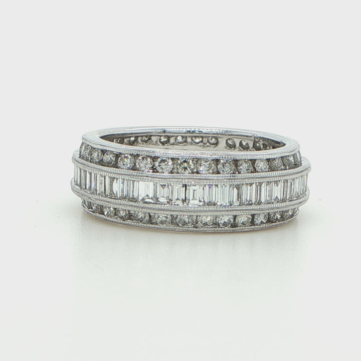 18K White Gold Baguette & Round Diamond Band Ring