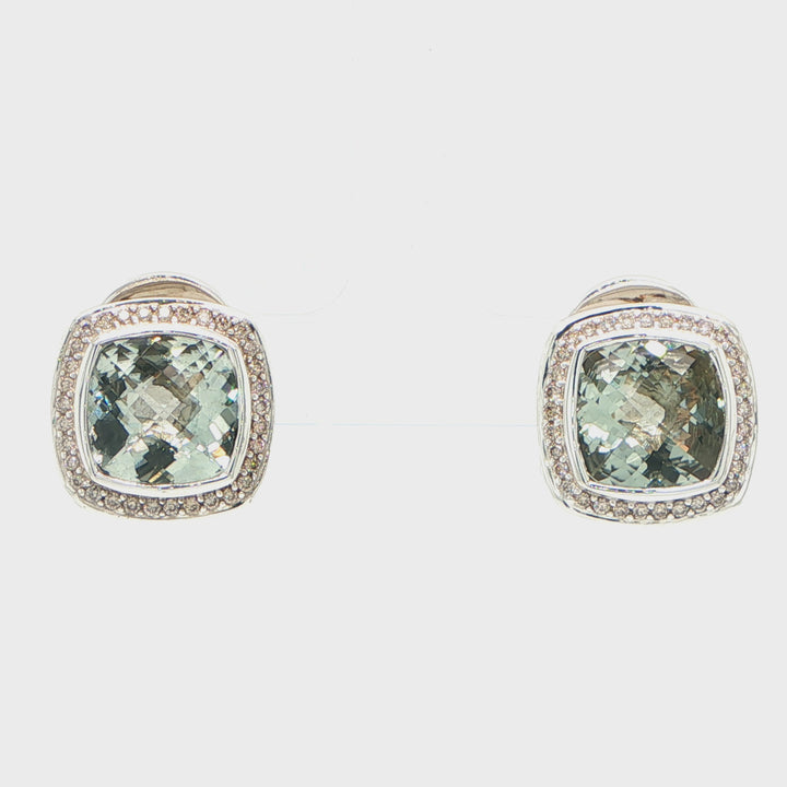 David Yurman Prasiolite & Diamond Earrings Sterling Silver 18K White Gold