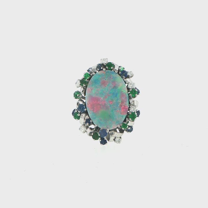 18K White Gold Opal Doublet Sapphire Emerald Diamond Ring