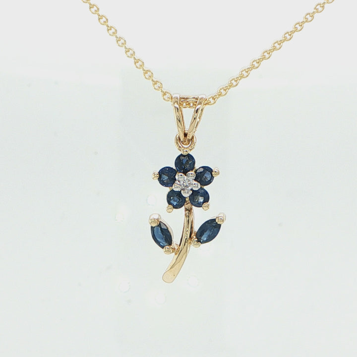 14K Yellow Gold Blue Sapphire & Diamond Flower Pendant