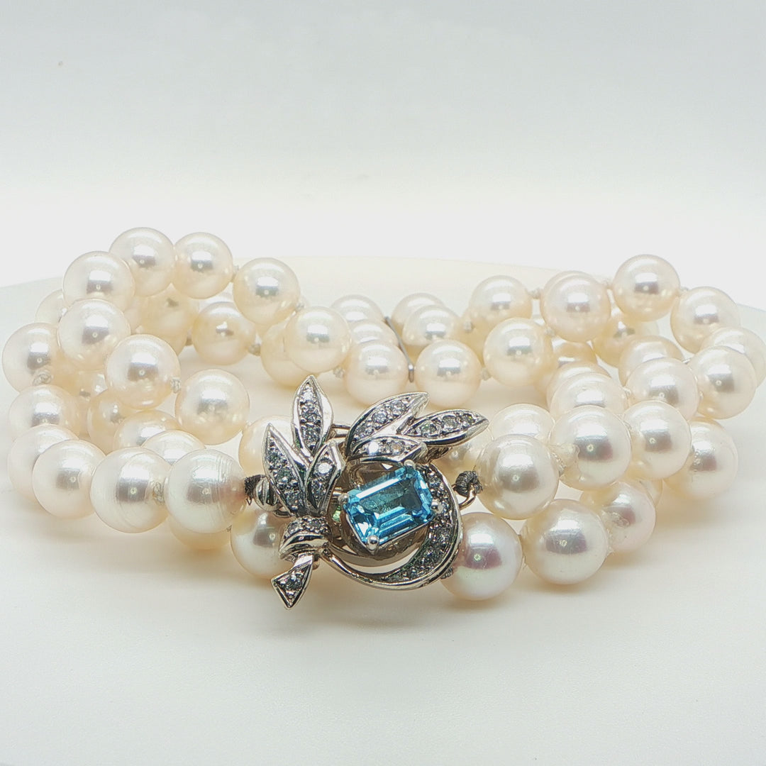 14K White Gold Three Strand Pearl Diamond & Blue Topaz Bracelet
