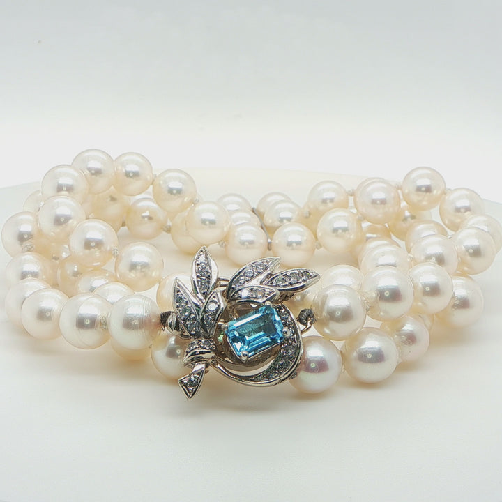 14K White Gold Three Strand Pearl Diamond & Blue Topaz Bracelet