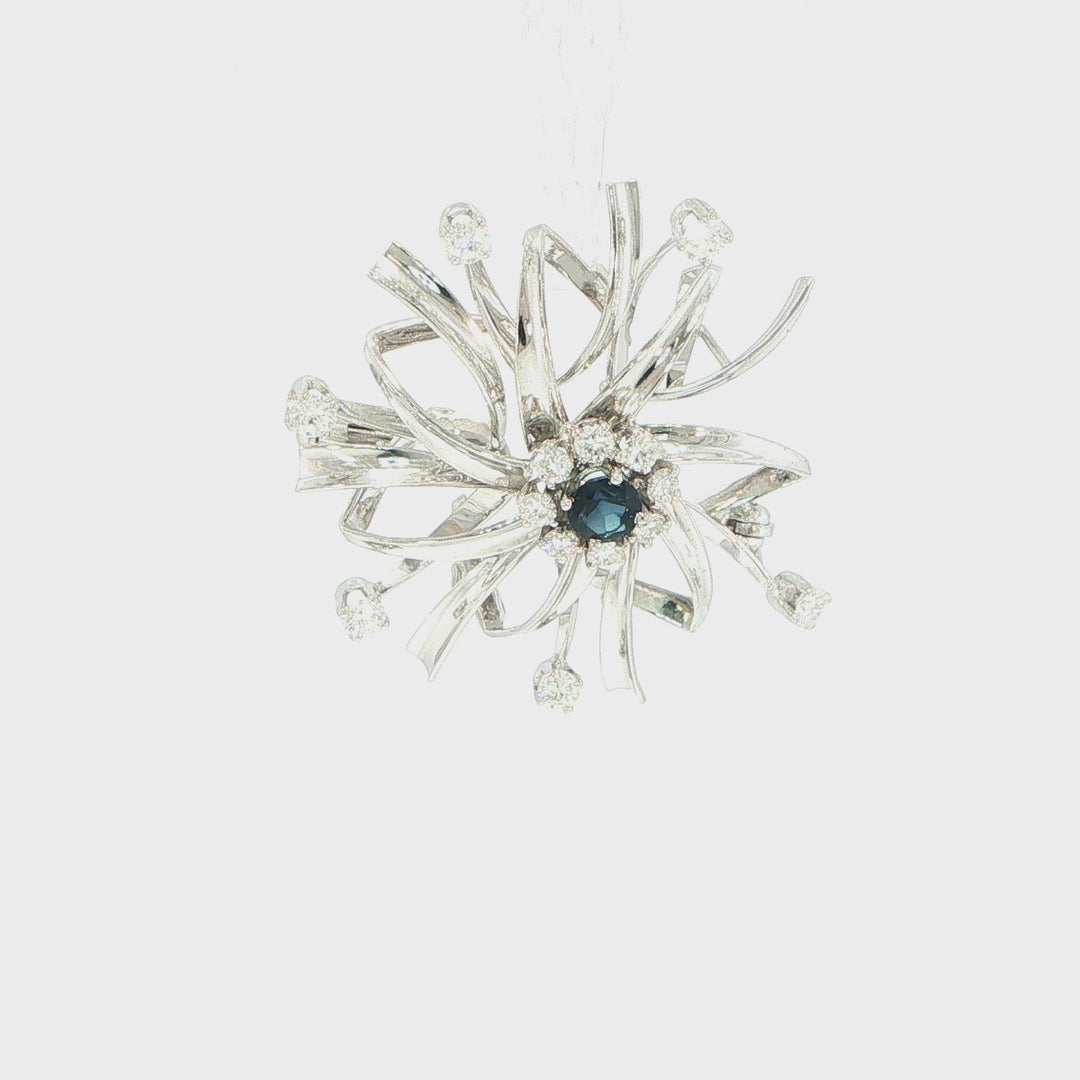 20K White Gold Sapphire & Diamond Floral Pin Pendant Brooch