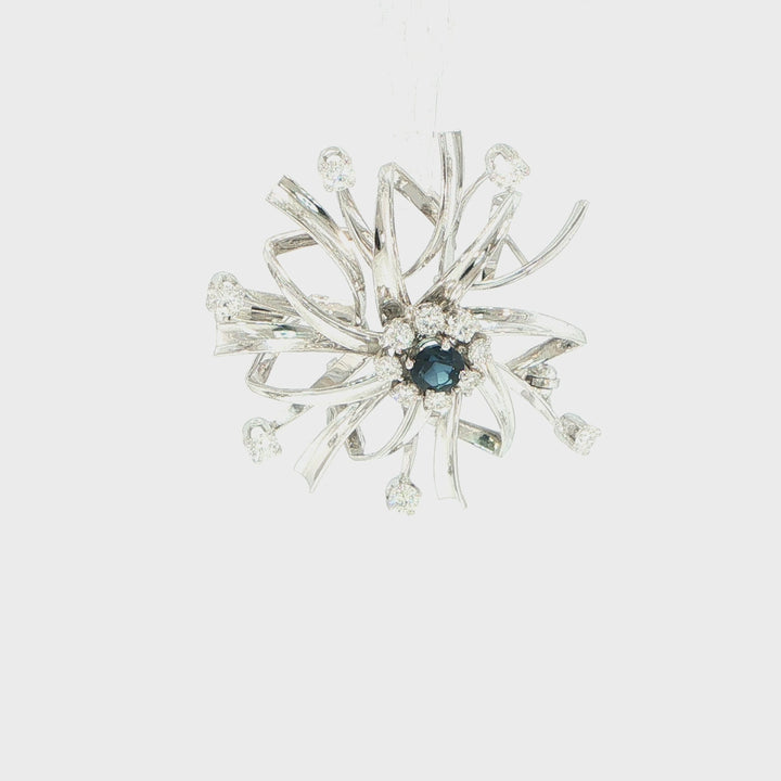 20K White Gold Sapphire & Diamond Floral Pin Pendant Brooch